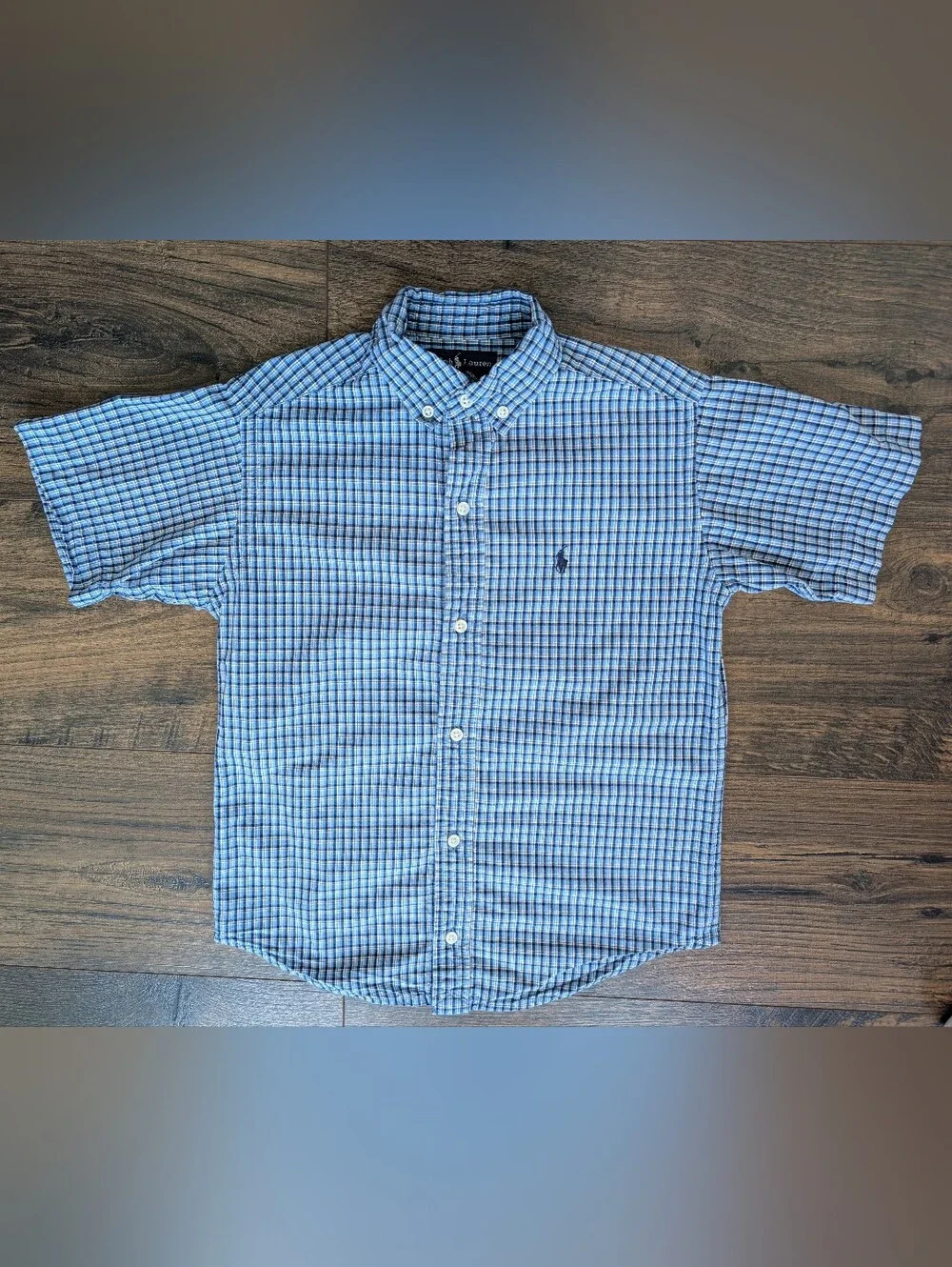 Ralph Lauren Boys Blue Plaid Short Sleeve Cotton Button Down Size 7